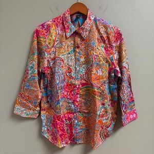 Lauren Ralph Lauren Women Colorful Button Up Shirt Size XL Artsy Hippie Boho